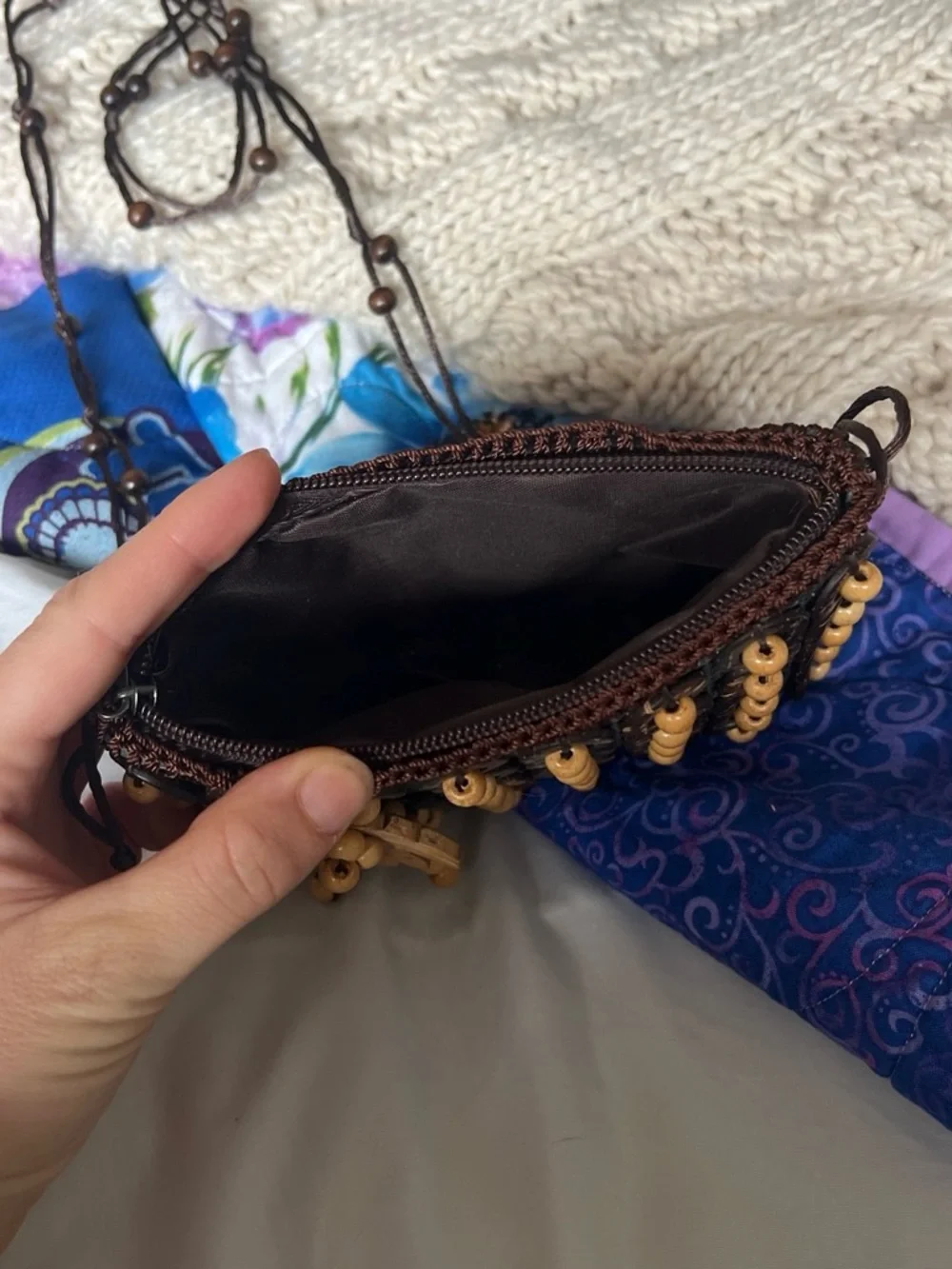 Brown Beaded Crossbody Bag with Floral Accent